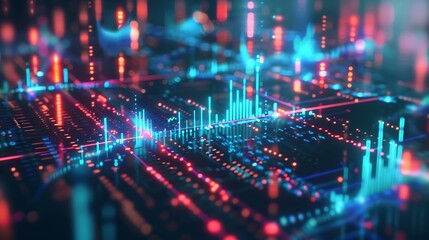 Fototapete - Abstract digital network visualization with colorful glowing lines and data patterns.