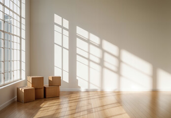 Sunlight illuminating empty room with cardboard boxes, wooden floors and walls