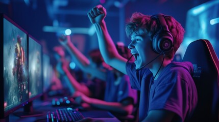 A young gamer celebrates a victory, immersed in an intense gaming environment with colorful lighting and focused players.