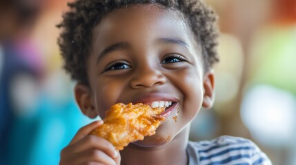 Smiling African American black male kid, toddler boy eating or biting a slice of fried crispy chicken Hungry and happy child enjoys unhealthy food Delicious dinner or lunch Poultry meat Cooked dish 