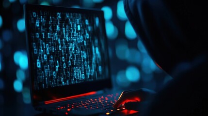 A hooded figure interacts with a glowing laptop displaying streams of code, creating a mysterious and technological atmosphere.