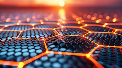 Wall Mural - A futuristic hexagonal surface illuminated by glowing seams, depicting a blend of technology and nature at sunset.