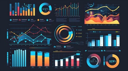 Poster - Collection of colorful charts and graphs visualizing data for business and finance analysis.