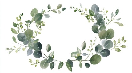 Wall Mural - Floral wreath made of green leaves, greenery vine, and eucalyptus foliage, watercolor botanical wreath isolated on a white background, minimalistic style.