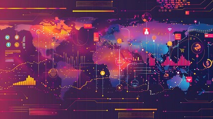 Poster - Abstract illustration of a global network map with digital elements and connections.