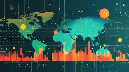 Poster - Colorful abstract illustration of a world map surrounded by interconnected lines and data points, representing the global network of information and communication.