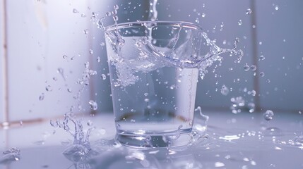 Wall Mural - Water being poured into a glass, captured mid-motion with splashes