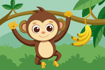 Wall Mural - A cute monkey hanging on a branch with colorful vector illustration