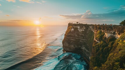 Wall Mural - A dramatic cliffside overlooking the ocean, with a couple enjoying the view and the sun setting in the distance, casting a beautiful glow.