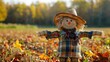 © Creations Photo  - A friendly scarecrow standing in a field with autumn leaves and crops, adding a touch of fall charm.