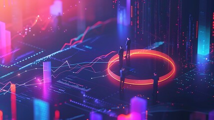 Fototapete - Group of businessmen standing in front of a glowing circular platform with data charts and graphs in the background.