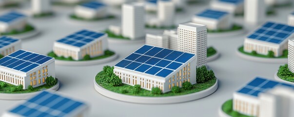 a miniature cityscape featuring buildings with solar panels on rooftops, emphasizing renewable energ