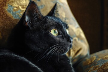 Wall Mural - Close-up Portrait of a Black Cat with Green Eyes