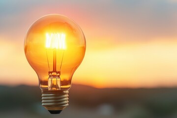 A glowing light bulb shines against a sunset backdrop, symbolizing innovation, energy, and inspiration in a warm, tranquil setting, Eco and sustainable concept.