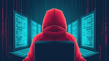 An illustration of a hacker's silhouette in a hoodie, sitting in a dark room surrounded by screens showing lines of code and encrypted data.