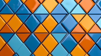 Triangles in blue, orange, and yellow create a striking geometric tapestry.