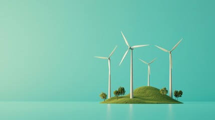 A serene landscape featuring wind turbines on a small hill, surrounded by greenery against a soft teal background, Eco and sustainable concept.