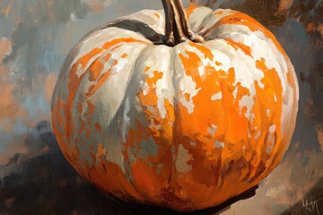 Sticker - Oil Painting of a White-Spotted Orange Pumpkin