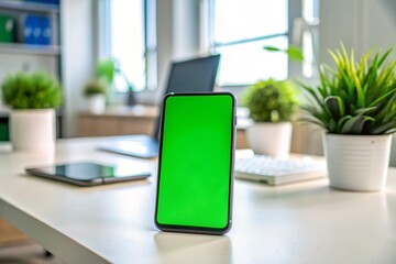 A green tablet sits on a table in front of a potted plant