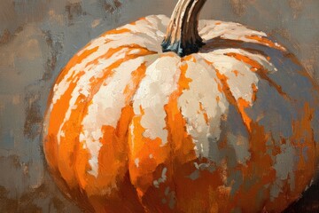 Sticker - Close-up Oil Painting of a Ripe Orange and White Pumpkin