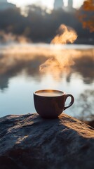 Coffee Steam Sunrise Lake Rock