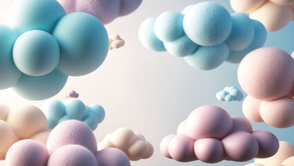 3D Pastel Cloud, vibrant whimsical clouds in soft, creamy pastel hues of pale blue, mauve, and powder pink fill the sky, each cloud boasting smooth, rounded edges and varying textures