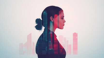 2 Female entrepreneur surrounded by floating digital city grids, her silhouette merging with the abstract cityscape representing future technology