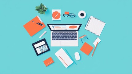 Smart project management tools for remote teams, flat design, top view, tech productivity theme, animation, Split-complementary color scheme