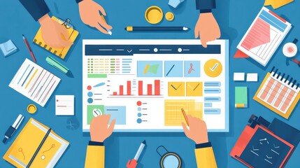 Smart project management tools for remote teams, flat design, top view, tech productivity theme, animation, Split-complementary color scheme