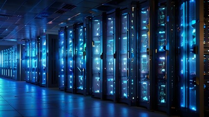 Poster - High-Tech Data Center with Rows of Server Racks and Cool Blue Lighting for an Advanced Technology Theme