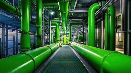 Green Hydrogen Pipelines in Facility: Modern green hydrogen pipelines within a facility, emphasizing sustainable energy solutions.