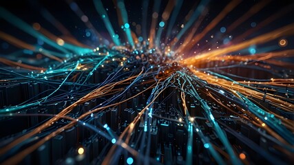 Poster - Dynamic visualization of interconnected glowing lights symbolizing the flow of information in a digital network, perfect for illustrating concepts of communication, technology, and the digital age.