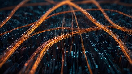 Poster - Abstract digital illustration of interconnected data networks, glowing lines of light representing technology, communication, and the digital world. Ideal for themes involving futuristic, tech, and in
