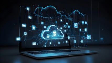 Poster - Digital Cloud Icons and Data Visualization Display on Screen, Ideal for Networking and Data Management Concepts.