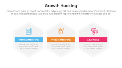 Poster - growth hacking infographic 3 point with big hexagon hexagonal horizontal for slide presentation