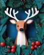 © Wan - A charming paper-cut style reindeer surrounded by festive foliage and red berries, perfect for holiday decorations.