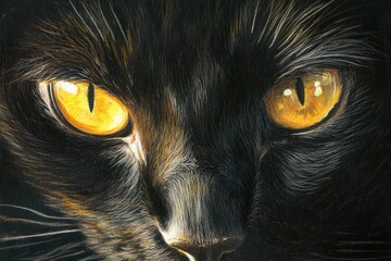 Canvas Print - Close-up of a Black Cat's Face with Golden Eyes