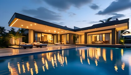 Sleek modern house with illuminated design and tranquil pool area at dusk