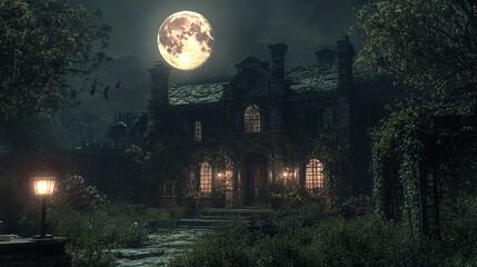 full moon shines brightly over haunted mansion, surrounded by overgrown vegetation and eerie shadows. atmosphere evokes sense of mystery and intrigue