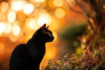 Wall Mural - Black Cat Silhouetted Against a Golden Blurred Background