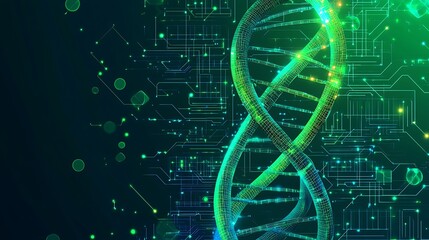Poster - A glowing green DNA strand against a dark blue background with a circuit board pattern.