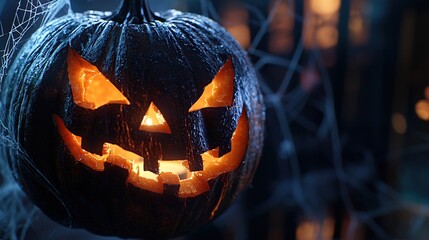 A close-up of a glowing jack-o-lantern with a spooky grin.