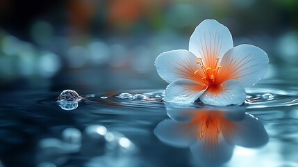 Canvas Print - A single white flower with orange center floats on calm water with ripples and bubbles.