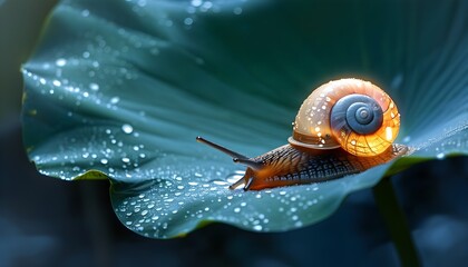 Tranquil snail meditating on a glowing lotus leaf beneath the serene embrace of moonlight