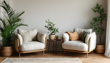 Wall Mural - Elegant minimalistic interior with cozy armchairs, modest table, and stylish plant decor