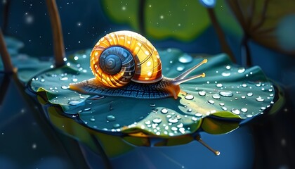 Tranquil snail meditating on a glowing lotus leaf beneath the serene embrace of moonlight