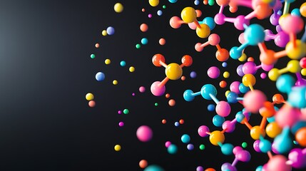 Aufkleber - A 3D rendering of colorful spheres connected by rods, resembling a molecular structure, against a black background.