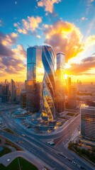 Wall Mural - Futuristic city at sunset, reflecting glass towers and warm golden light