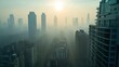 © kanesuan - A view from a residential balcony with a thick layer of smog obscuring the city skyline. The image captures the impact of PM2.5 pollution on the living environment and outdoor views.