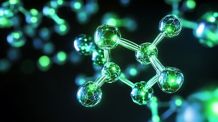 Aufkleber - A 3D illustration of a glowing green molecule on a black background.